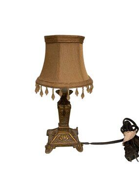 Vintage Table Accent Lamp With Beaded Shade And Ornate Brass Base
